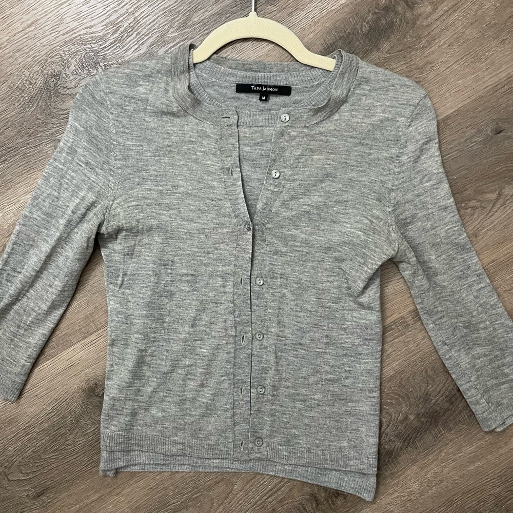 Tara Jarmon Cashmere Sweater Set Gray Cardigan + Knit Top French Designer